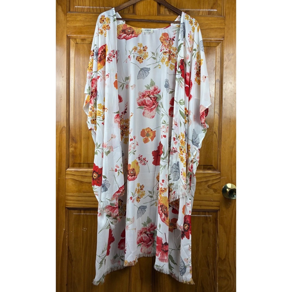 Umgee Boho Floral Kimono Flowy Oversized Fringe Trim Boho Hi-Low S/M Layering